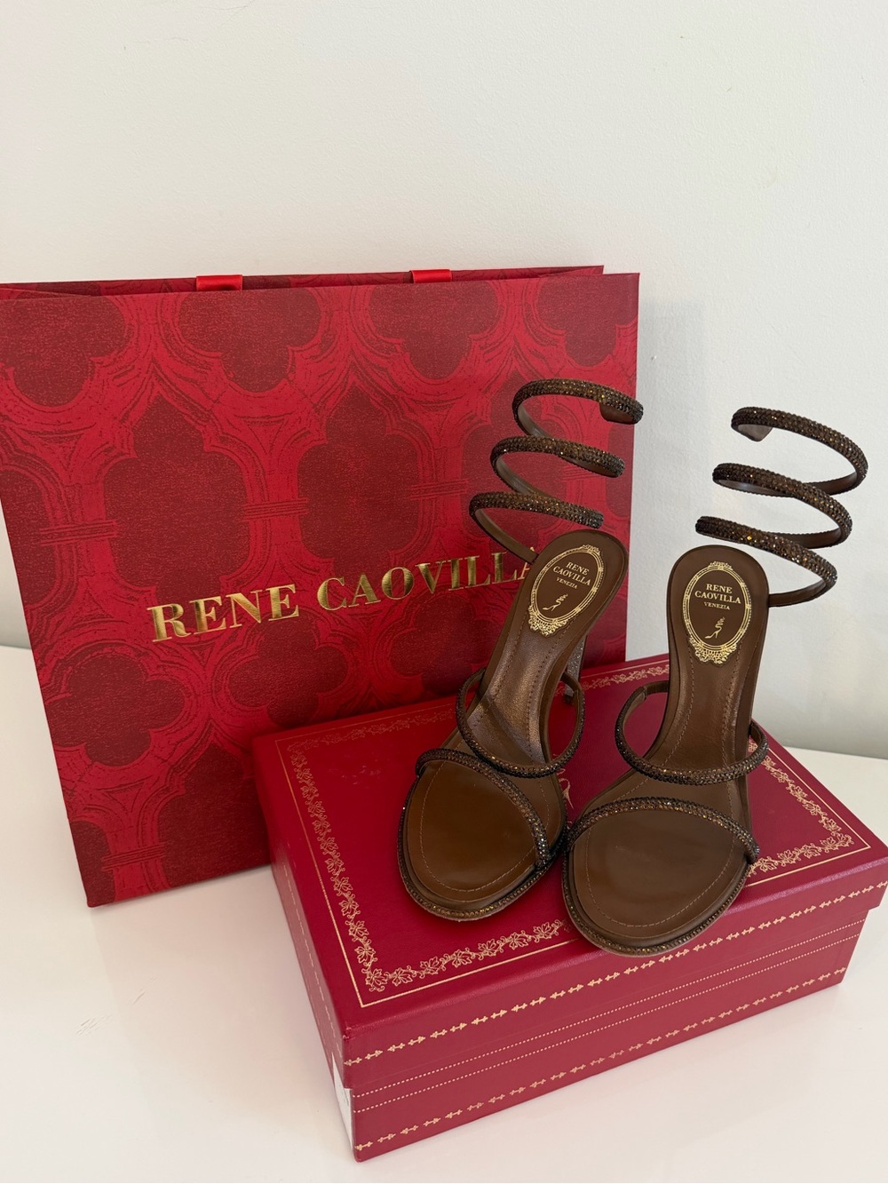 Brand New Rene Caovilla Brown Crystal Spiral-Strap Heels - Picture 2 of 4